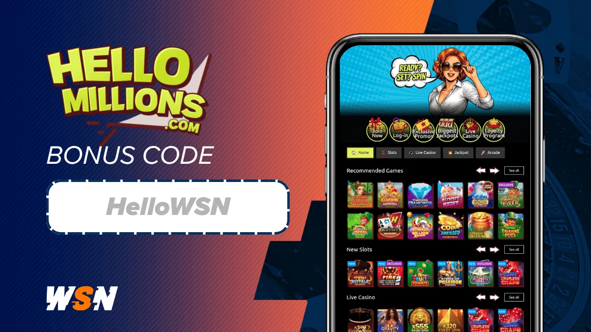Hello Millions logo and a bonus code box on a navy and orange banner beside a smartphone showing the casino lobby