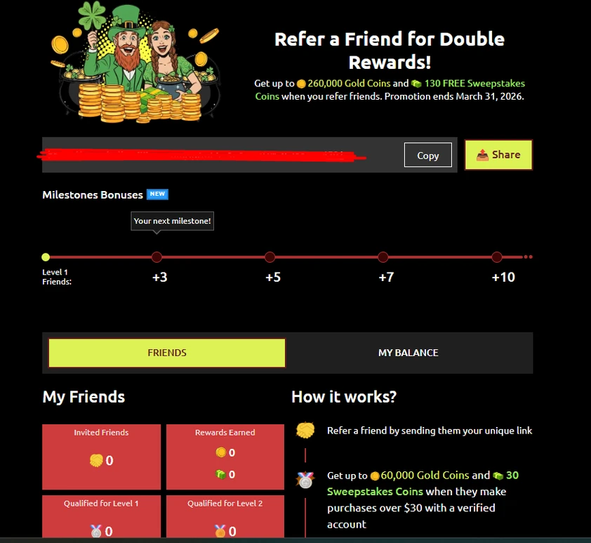 Hello Millions refer a friend page with a referral link bar, copy and share buttons, a milestone tracker and friends stats