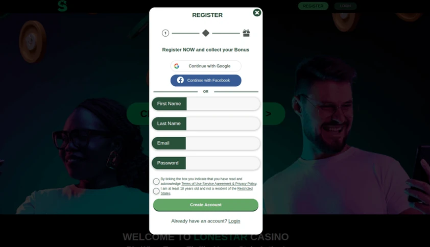 LoneStar register modal with a progress tracker, Google and Facebook sign in, name, email and password fields