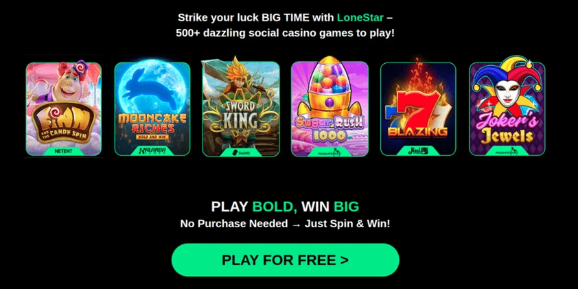 LoneStar homepage games section with a row of six slot tiles labeled by provider above a play for free button