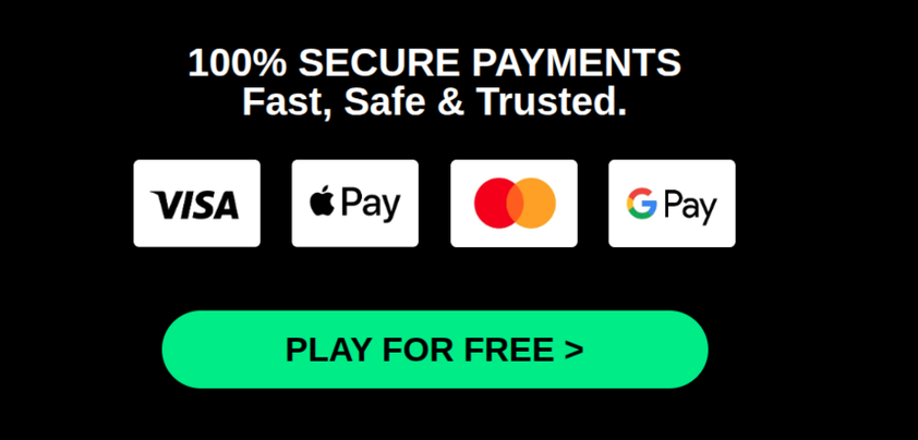 LoneStar secure payments section showing Visa, Apple Pay, Mastercard and Google Pay logo tiles above a play for free button