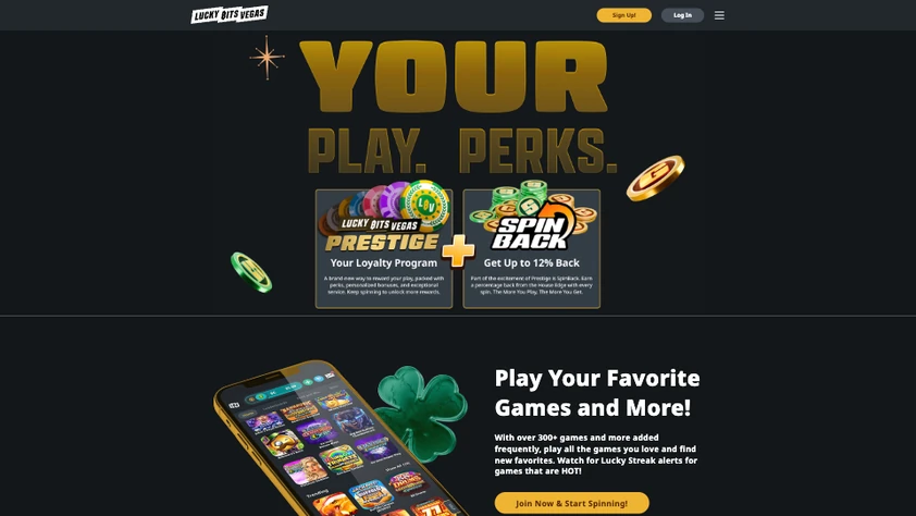 Lucky Bits Vegas homepage with a large perks headline over Prestige loyalty and SpinBack cards and a games section below