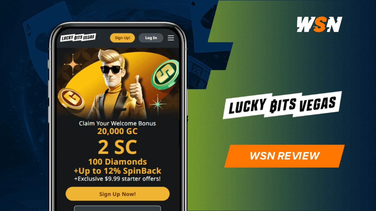 Lucky Bits Vegas logo and a WSN review badge beside a phone showing a sunglasses-wearing mascot over the welcome offer screen