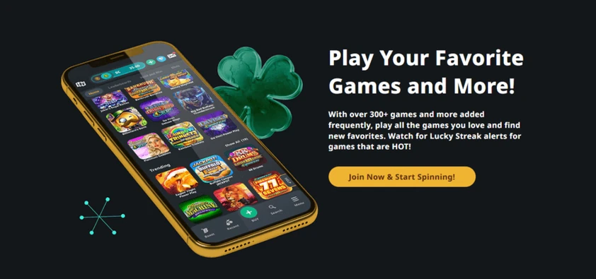 Lucky Bits Vegas games section with a gold phone showing the game lobby beside a green clover and a join now button
