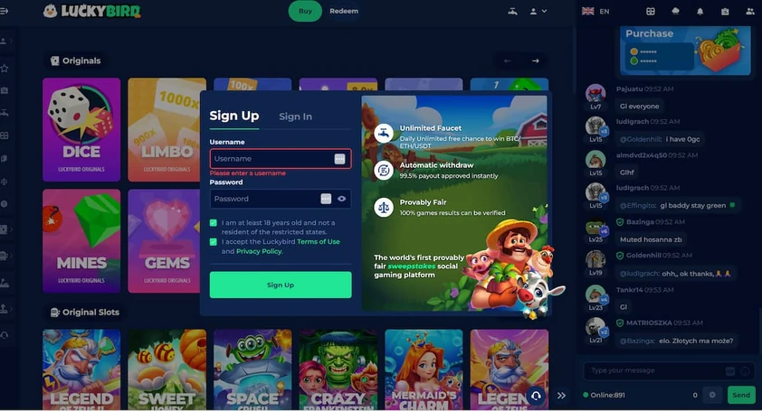 LuckyBird sign up modal with username and password fields, consent checkboxes and a feature panel beside public chat