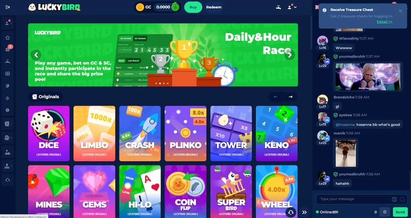 LuckyBird lobby with a race promo banner, a grid of originals such as dice, crash and plinko and a public chat panel