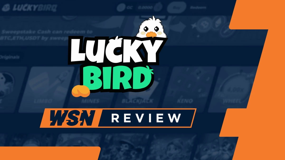 LuckyBird logo with a pixel chick mascot over a faded screenshot of the LuckyBird originals lobby, with a WSN review badge