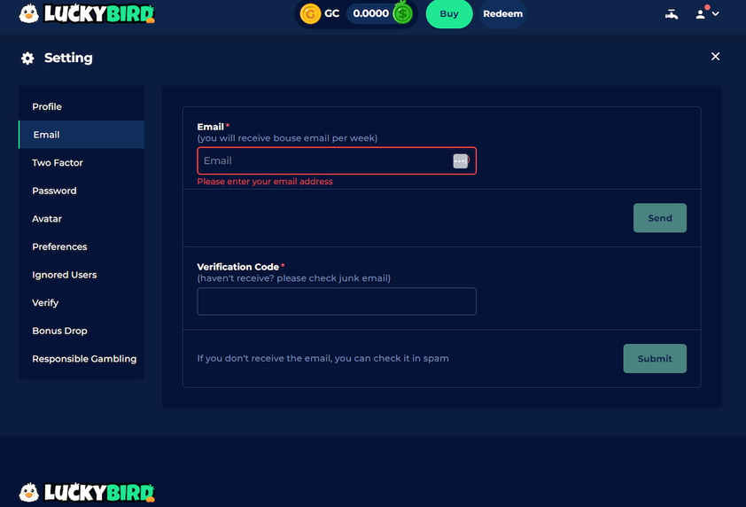 LuckyBird account settings on the email tab with an email field, a send button and a verification code field with submit
