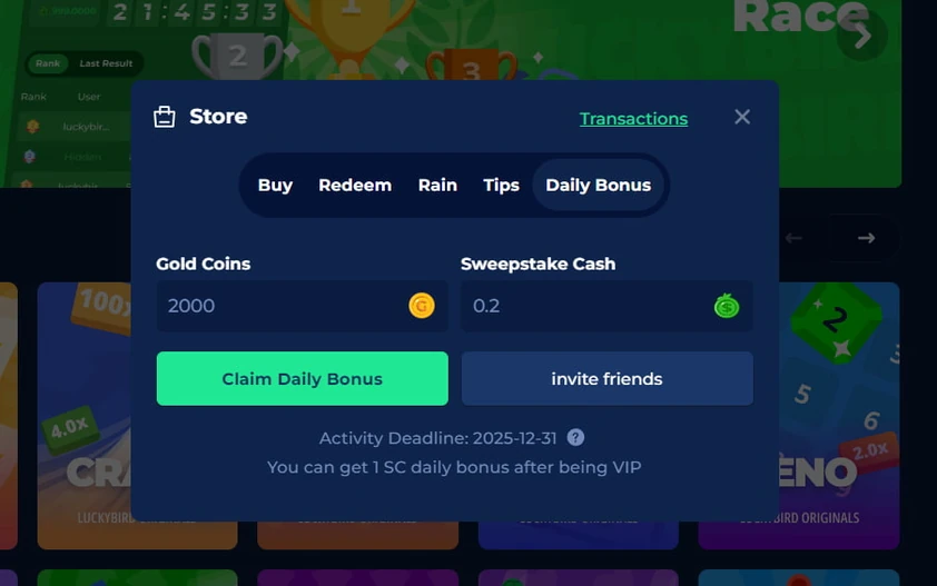 LuckyBird store modal on the daily bonus tab with gold coin and sweepstake cash fields and a claim button
