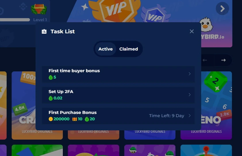LuckyBird task list modal with active and claimed tabs listing first buyer, two-factor setup and first purchase reward tasks