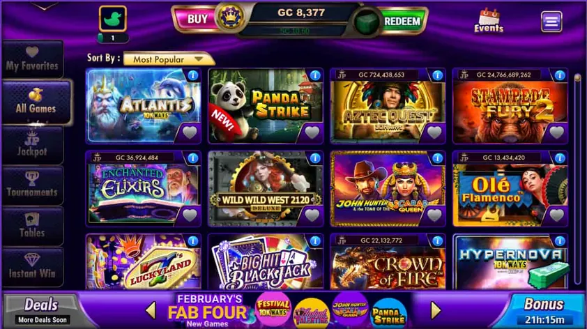 LuckyLand Slots lobby with buy and redeem buttons, a category sidebar, a sort menu and a grid of slot tiles