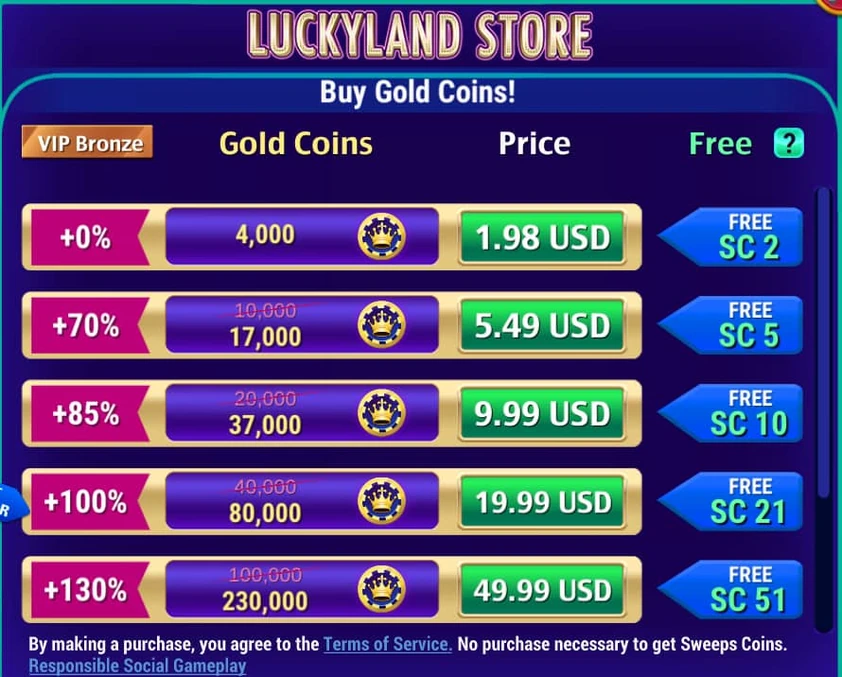LuckyLand store listing gold coin packages in rows, each with a bonus tag, a price button and a free sweeps coin badge