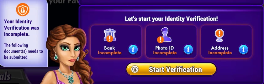 LuckyLand Slots identity verification panel with bank, photo ID and address steps marked incomplete and a start button