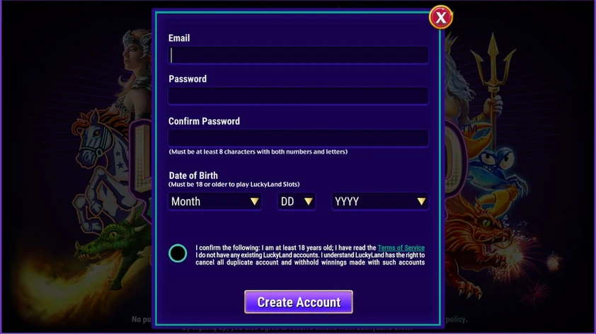LuckyLand Slots create account form with email, password and confirm fields, date of birth dropdowns and a terms checkbox