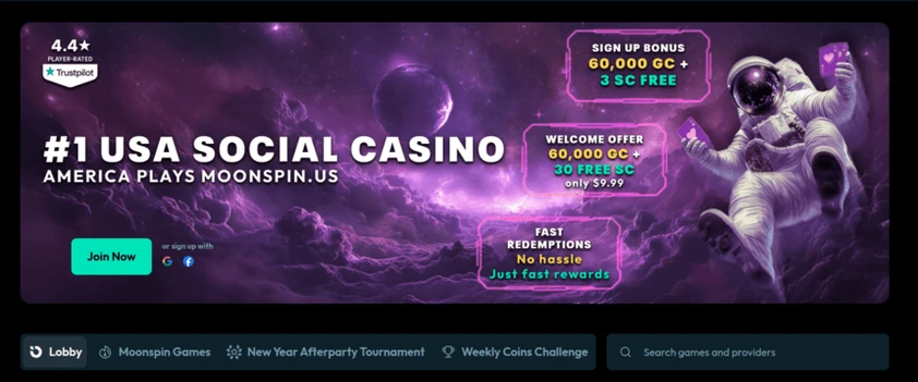 Moonspin homepage banner with a join now button, sign-up and welcome offer callouts and an astronaut, above the lobby tabs