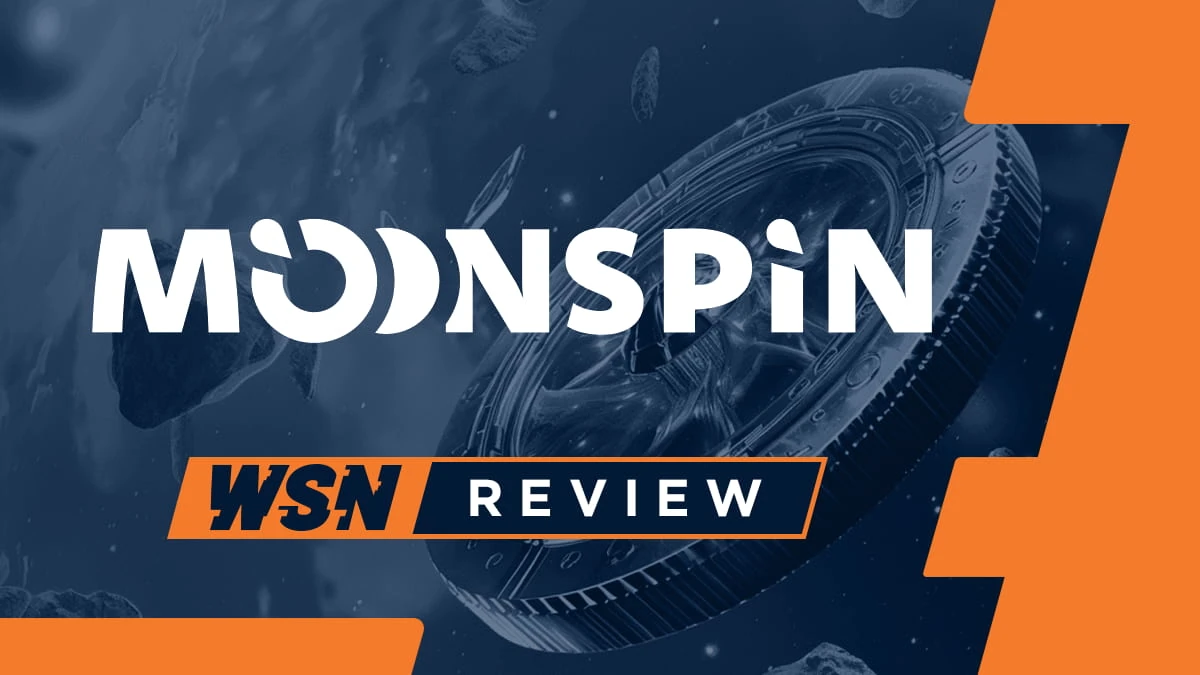 Moonspin logo over a tinted image of a giant coin drifting among asteroids, with an orange and navy WSN review tag below