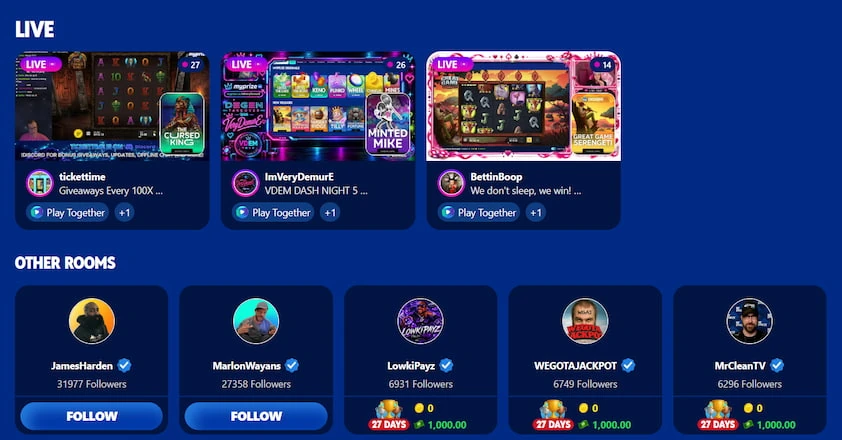 MyPrize live rooms page with creator stream cards and play together buttons above a row of other creator rooms to follow