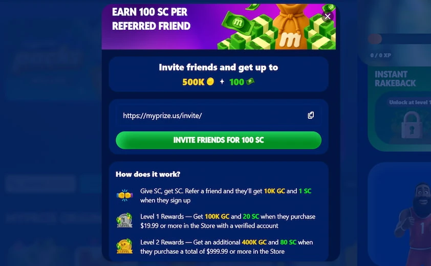 MyPrize referral modal with a personal invite link and copy button, an invite friends button and a how it works reward list