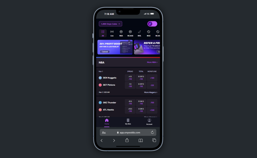 Onyx Odds mobile site in a phone frame with sport filter icons, promo banners and NBA game lines