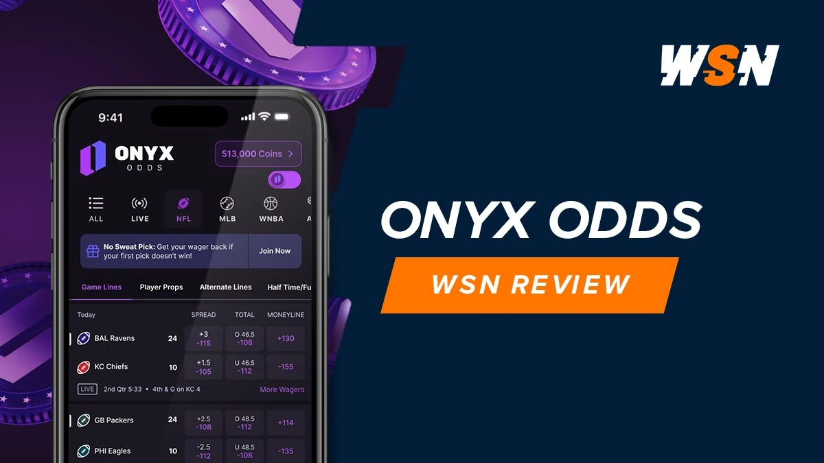 Onyx Odds sports betting app on a phone showing NFL game lines beside the WSN logo and an orange review ribbon on navy