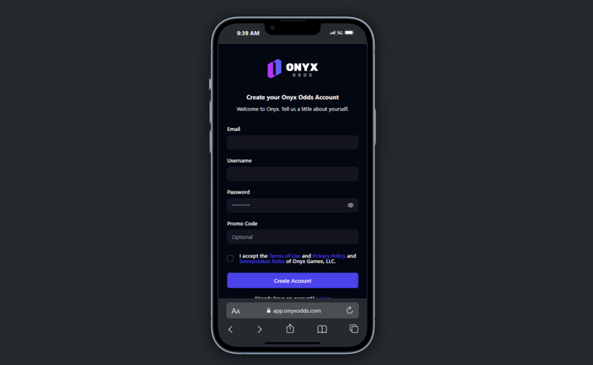 Onyx Odds create account form on a phone with email, username, password and optional promo code fields plus a terms checkbox
