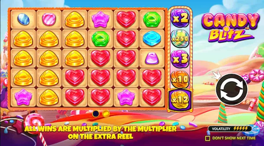 Candy Blitz slot at Punt with a candy-filled reel grid, an extra multiplier reel, a spin button and a volatility meter