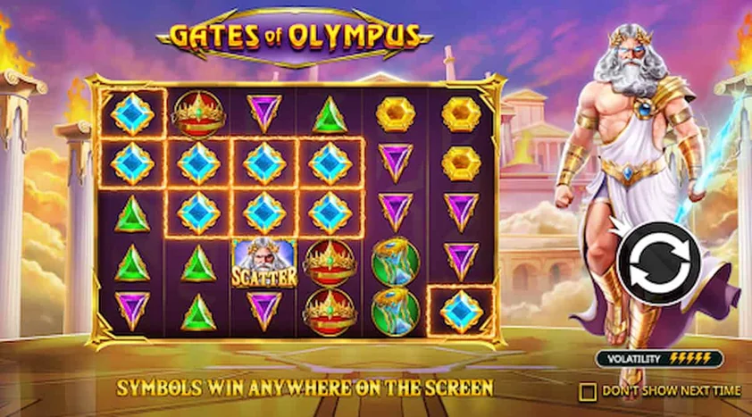 Gates of Olympus slot at Punt with a six-column gem reel grid, Zeus beside the reels, a spin button and a volatility meter