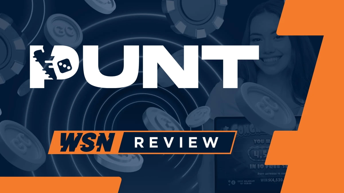Punt logo with a dice icon over faded casino chips and a smiling woman, above a WSN review ribbon with orange accents