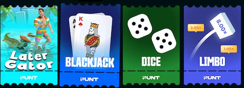 Punt table and originals game tiles in a row showing Later Gator, Blackjack, Dice and Limbo, each branded with the Punt logo