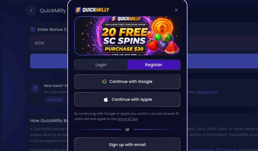 QuickMilly register modal with a first purchase offer banner, Google and Apple sign-in buttons and an email option