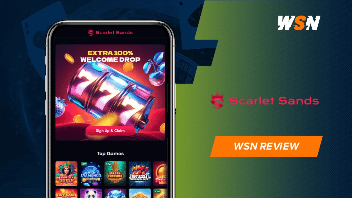 Scarlet Sands mobile site on a phone showing a slot reel welcome banner and top games beside the Scarlet Sands and WSN logos