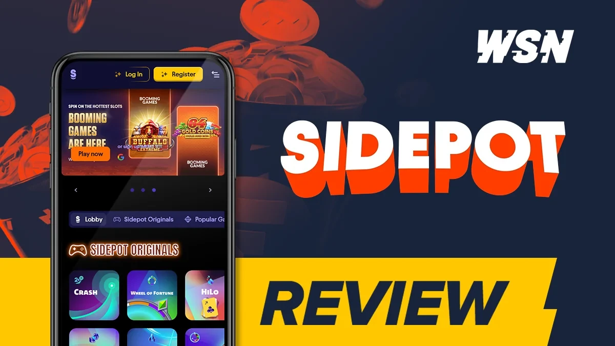 Sidepot mobile lobby on a phone showing a slots banner and originals games beside the Sidepot and WSN logos