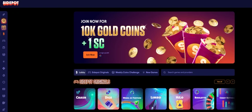Sidepot desktop homepage with an icon sidebar, a join now coin offer banner, lobby tabs and a Sidepot originals row