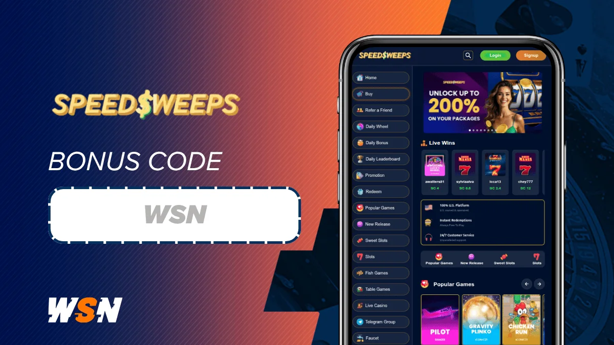 WSN banner with the SpeedSweeps logo, a bonus code box showing the WSN code and a phone displaying the SpeedSweeps lobby