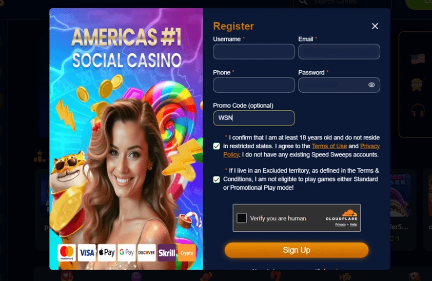 SpeedSweeps register modal with username, email, phone and password fields, the WSN promo code entered and terms checkboxes