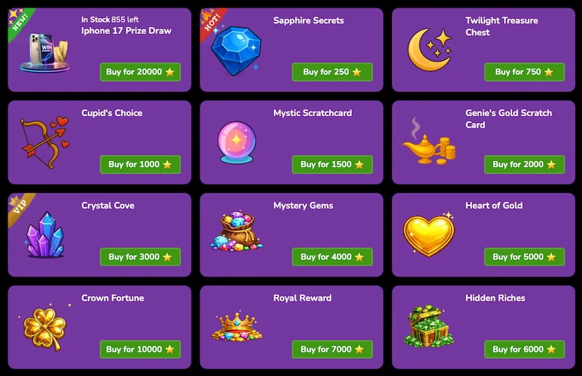 Spinsly stars store grid of twelve reward cards, such as a prize draw, scratchcards and chests, each with a buy button