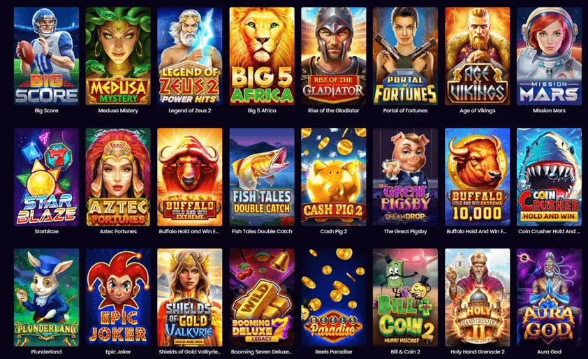 Splash Coins slot library grid of three rows of game tiles with titles, including themed video slots and hold and win games