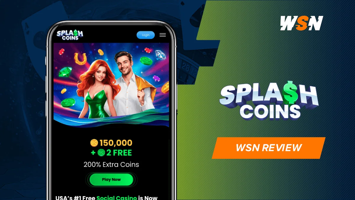 WSN review banner with the Splash Coins logo beside a phone showing the Splash Coins homepage with two hosts and play button