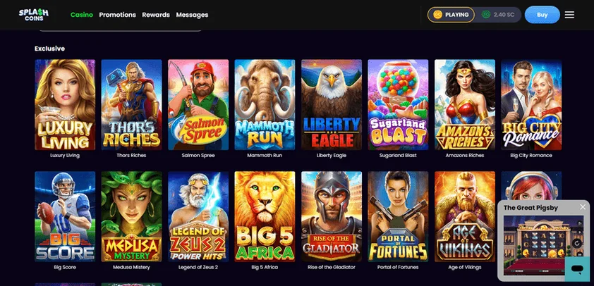 Splash Coins casino lobby with top navigation tabs, a buy button and two rows of exclusive slot game tiles