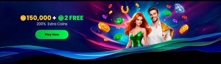 Splash Coins welcome offer banner with a gold and sweeps coin package line, a play now button and two hosts among flying gems