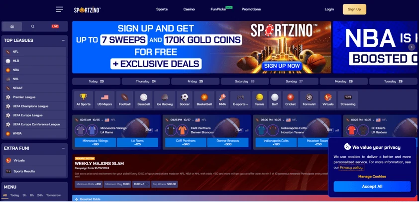 Sportzino sportsbook homepage with a league sidebar, sign-up promo banner, sport icons row and NFL matchup odds cards
