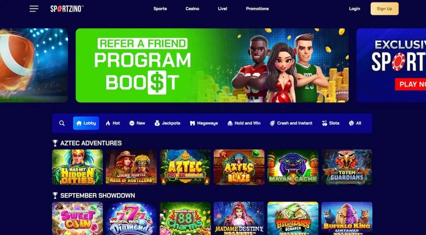 Sportzino homepage with a refer a friend carousel banner, a game category bar and rows of themed slot tiles