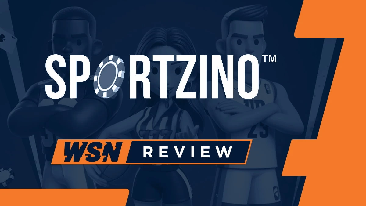 WSN review banner with the white Sportzino logo over faded cartoon athlete and referee characters with orange accents