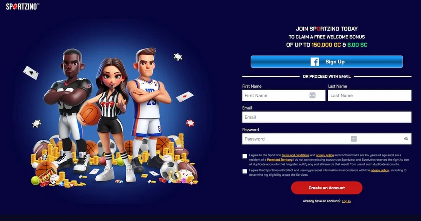 Sportzino join page with cartoon athletes beside a Facebook sign-up button, name, email and password fields and terms boxes