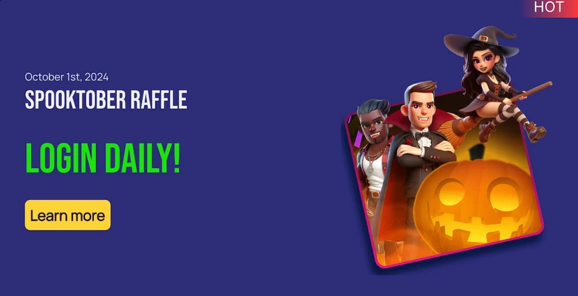 Sportzino Spooktober raffle promo card asking players to log in daily, with a learn more button and Halloween characters