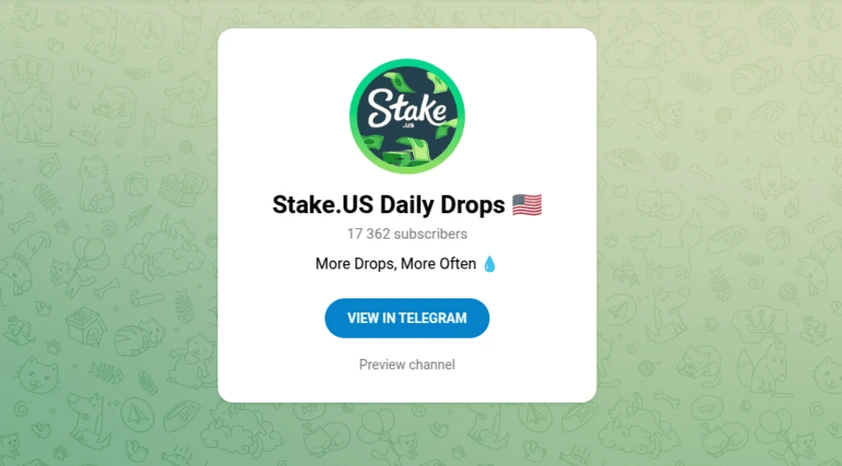 Stake.us Daily Drops Telegram channel preview card with the Stake logo, subscriber count and a view in Telegram button