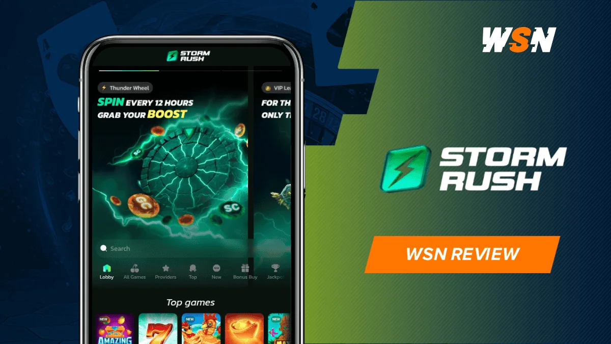 WSN review banner with the green Stormrush lightning logo beside a phone showing the Stormrush lobby and a wheel promo