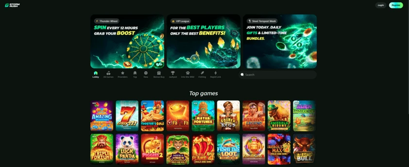 Stormrush homepage with three promo banners for a wheel, VIP league and daily gifts above a category bar and top game tiles