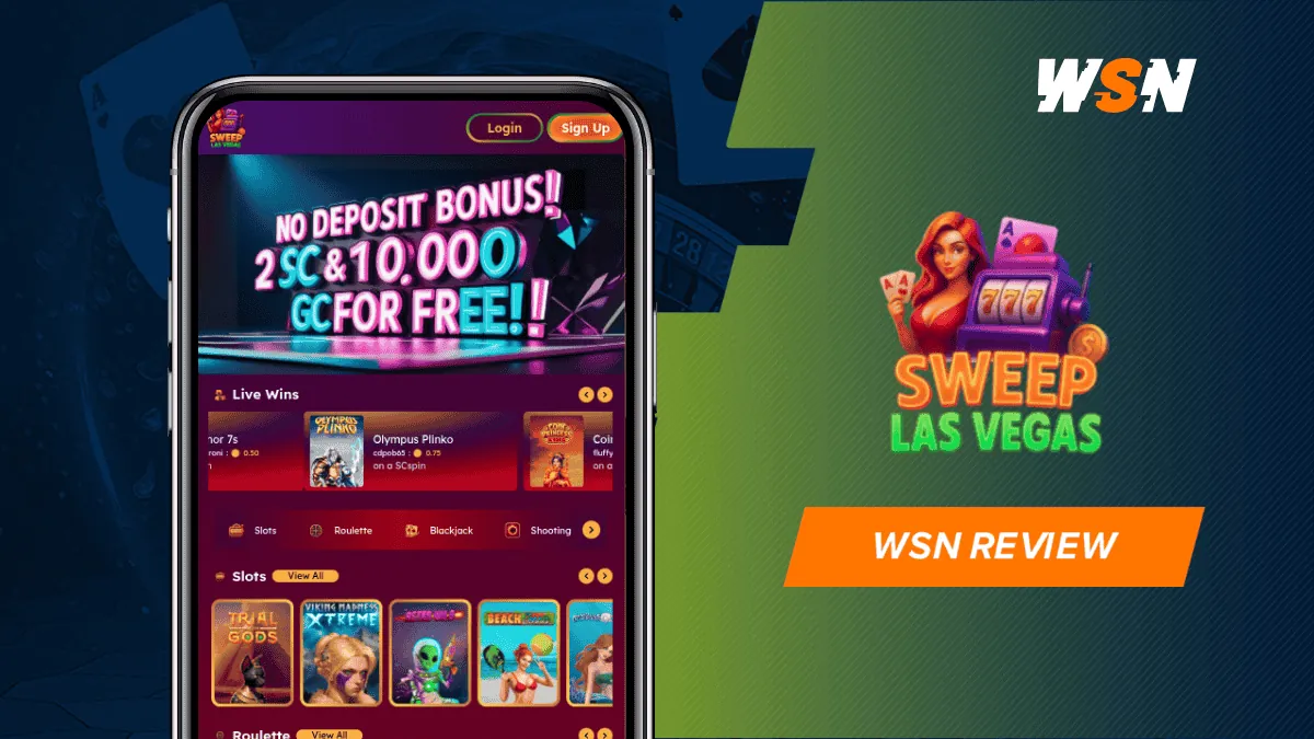 WSN review banner with the Sweep Las Vegas logo beside a phone showing its lobby with a bonus banner, live wins and slot rows