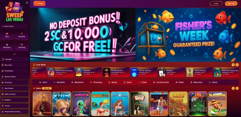 Sweep Las Vegas homepage with a left menu, two promo banners, a live wins ticker, game category tabs and a slots row